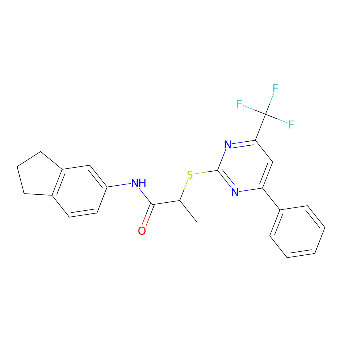 N-(2,3-dihydro-1H-inden-5-yl)-2-[4-phenyl-6-(trifluoromethyl)pyrimidin-2-yl]sulfanylpropanamide molecular structure, CAS 505055-63-0