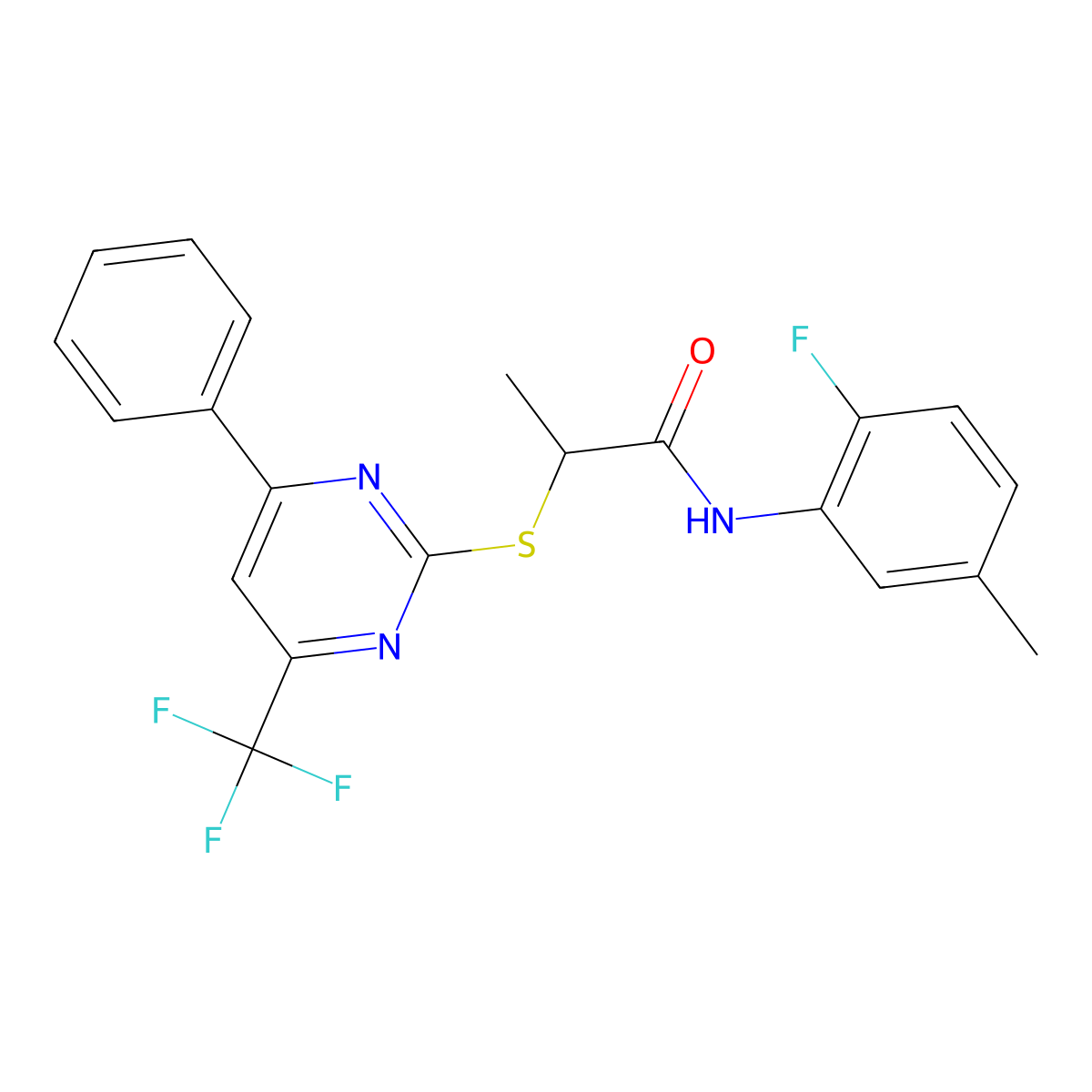N-(2-fluoro-5-methylphenyl)-2-[4-phenyl-6-(trifluoromethyl)pyrimidin-2-yl]sulfanylpropanamide molecular structure, CAS 505055-86-7
