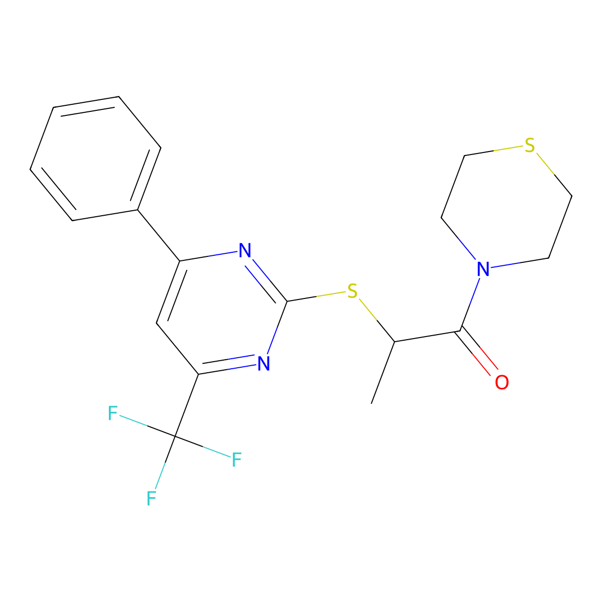 2-[4-Phenyl-6-(trifluoromethyl)pyrimidin-2-yl]sulfanyl-1-thiomorpholin-4-ylpropan-1-one molecular structure, CAS 505055-98-1