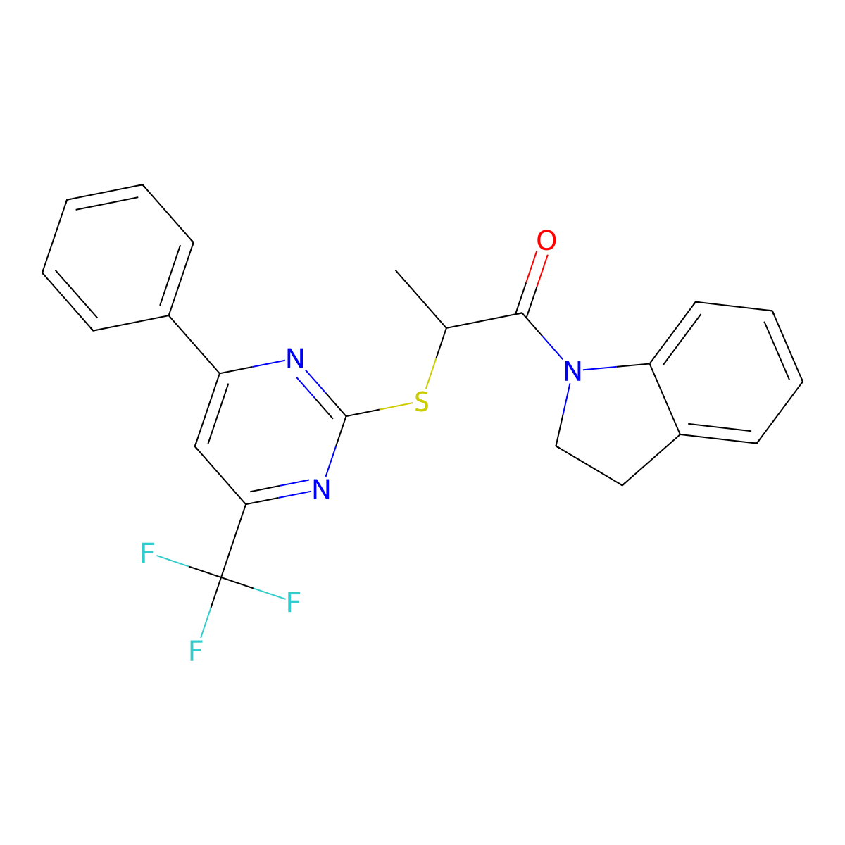 1-(2,3-Dihydroindol-1-yl)-2-[4-phenyl-6-(trifluoromethyl)pyrimidin-2-yl]sulfanylpropan-1-one molecular structure, CAS 505056-09-7