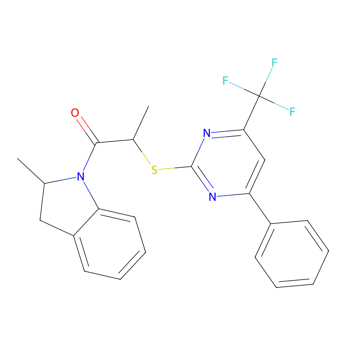 1-(2-Methylindolin-1-yl)-2-((4-phenyl-6-(trifluoromethyl)pyrimidin-2-yl)thio)propan-1-one molecular structure, CAS 505056-11-1