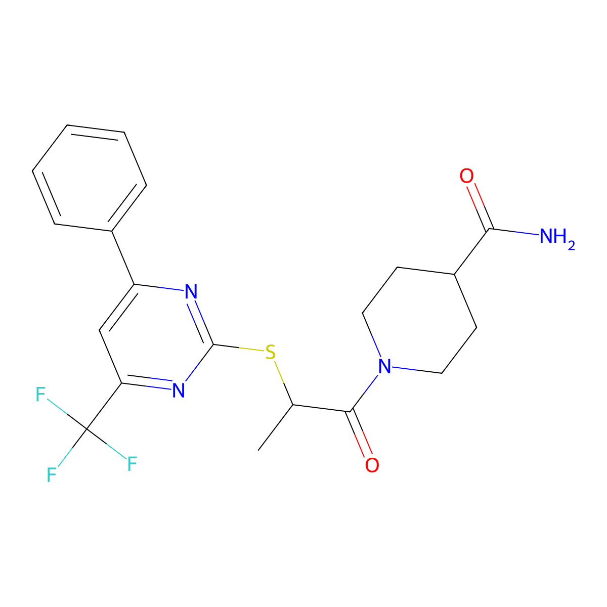 1-[2-[4-Phenyl-6-(trifluoromethyl)pyrimidin-2-yl]sulfanylpropanoyl]piperidine-4-carboxamide molecular structure, CAS 505056-12-2
