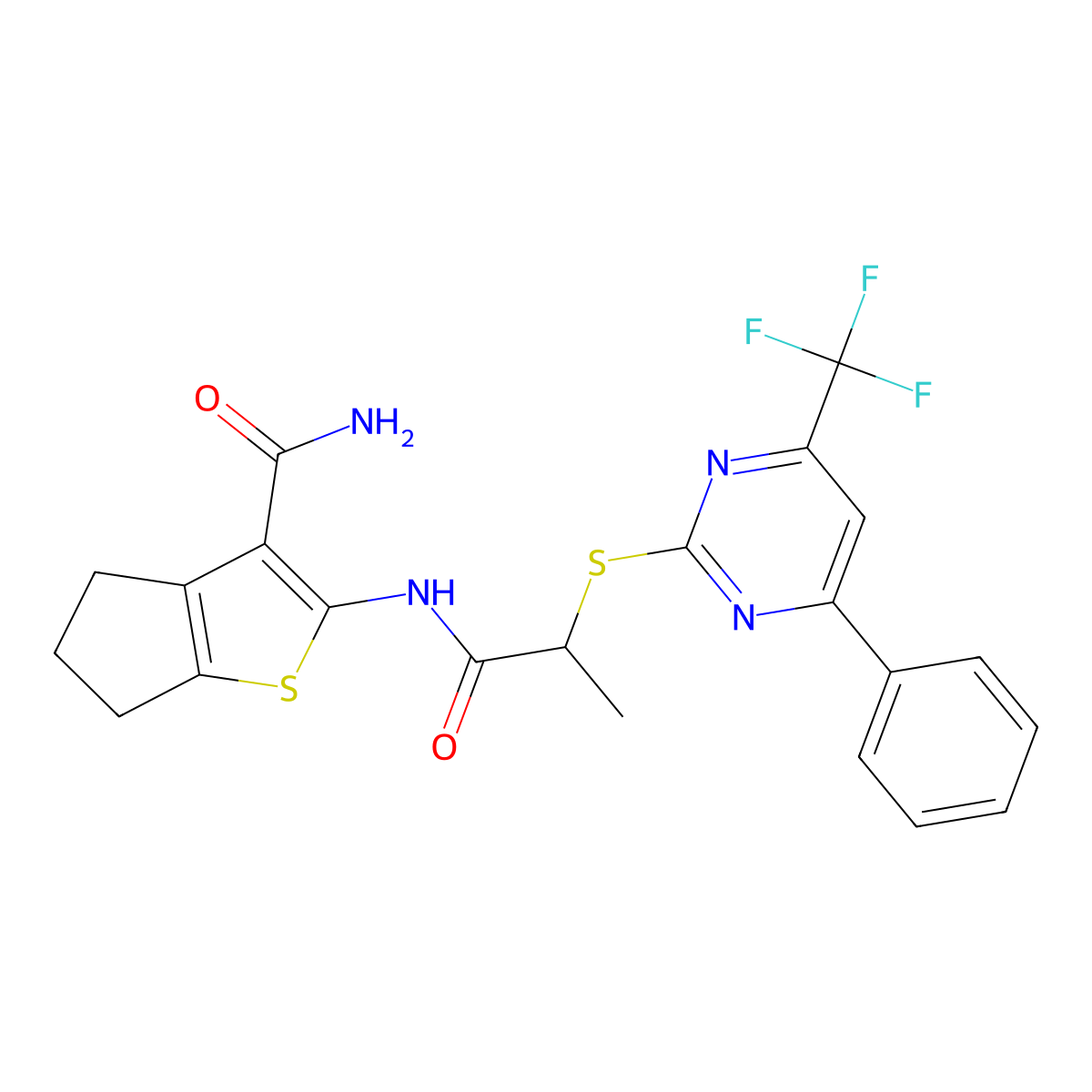2-[2-[4-phenyl-6-(trifluoromethyl)pyrimidin-2-yl]sulfanylpropanoylamino]-5,6-dihydro-4H-cyclopenta[b]thiophene-3-carboxamide molecular structure, CAS 505056-26-8