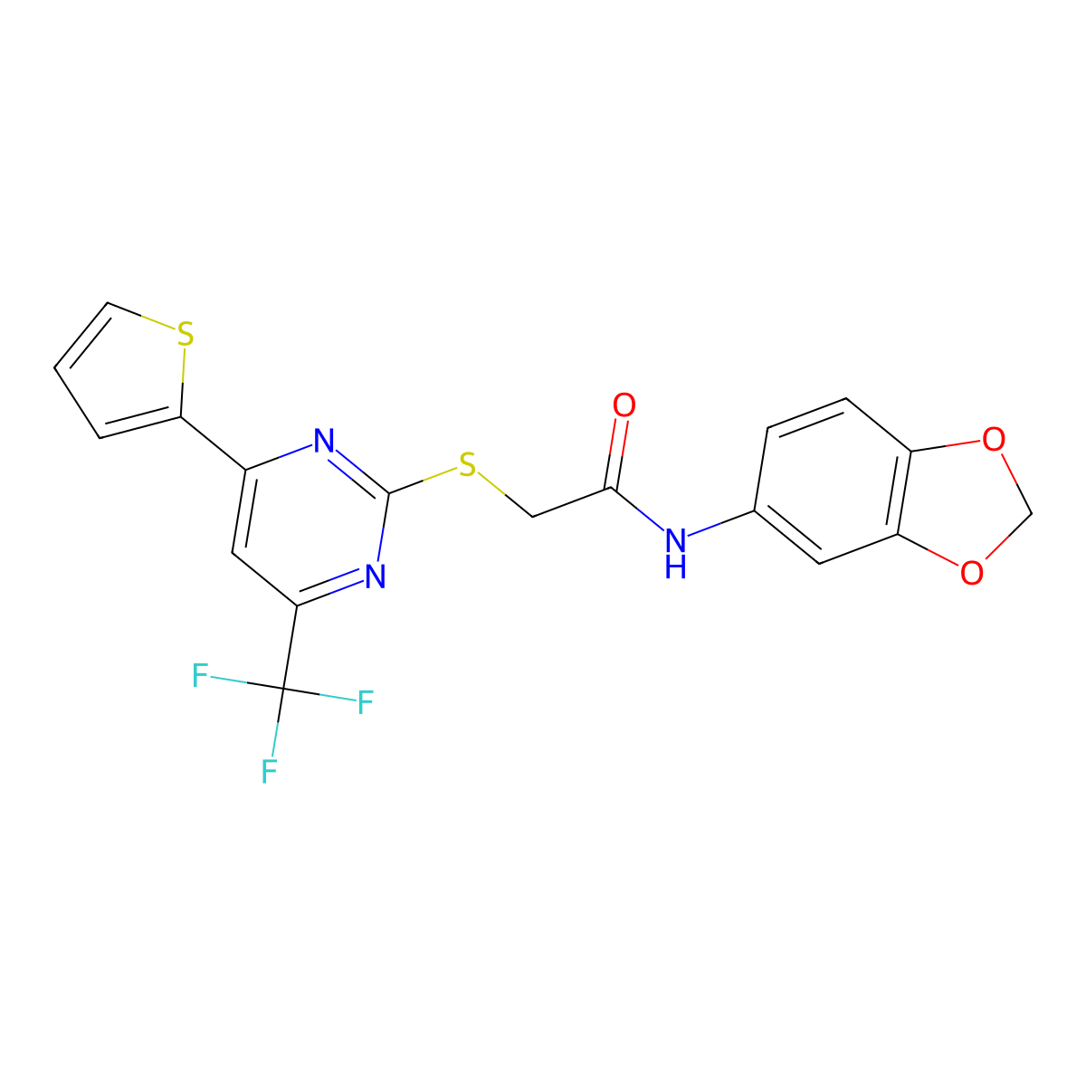 N-(1,3-benzodioxol-5-yl)-2-[4-thiophen-2-yl-6-(trifluoromethyl)pyrimidin-2-yl]sulfanylacetamide molecular structure, CAS 505056-40-6