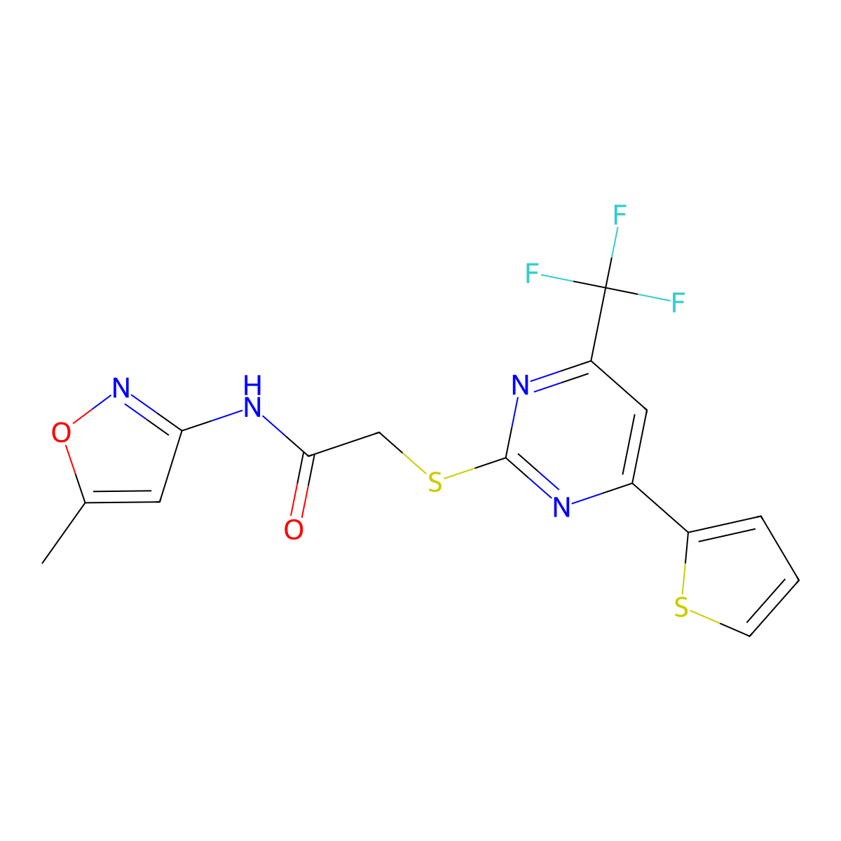 N-(5-methylisoxazol-3-yl)-2-(4-(thiophen-2-yl)-6-(trifluoromethyl)pyrimidin-2-ylthio)acetamide molecular structure, CAS 505056-50-8