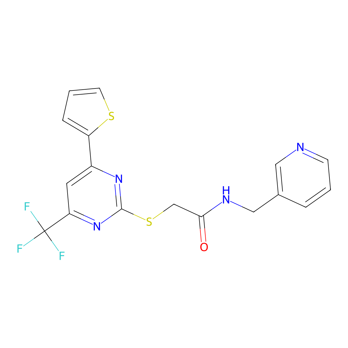 N-(pyridin-3-ylmethyl)-2-[4-thiophen-2-yl-6-(trifluoromethyl)pyrimidin-2-yl]sulfanylacetamide molecular structure, CAS 505056-60-0