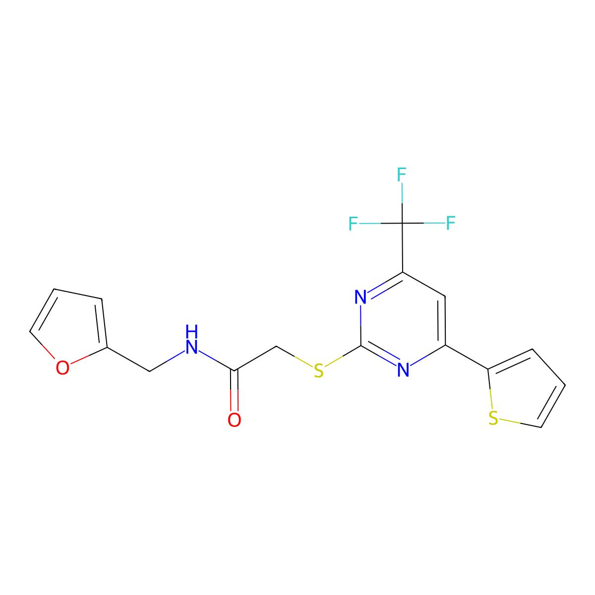 N-Furan-2-ylmethyl-2-(4-thiophen-2-yl-6-trifluoromethyl-pyrimidin-2-ylsulfanyl)-acetamide molecular structure, CAS 505056-62-2