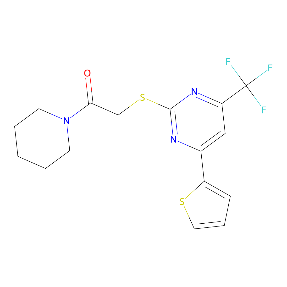 2-Oxo-2-(1-piperidinyl)ethyl 4-(2-thienyl)-6-(trifluoromethyl)-2-pyrimidinyl sulfide molecular structure, CAS 505056-70-2