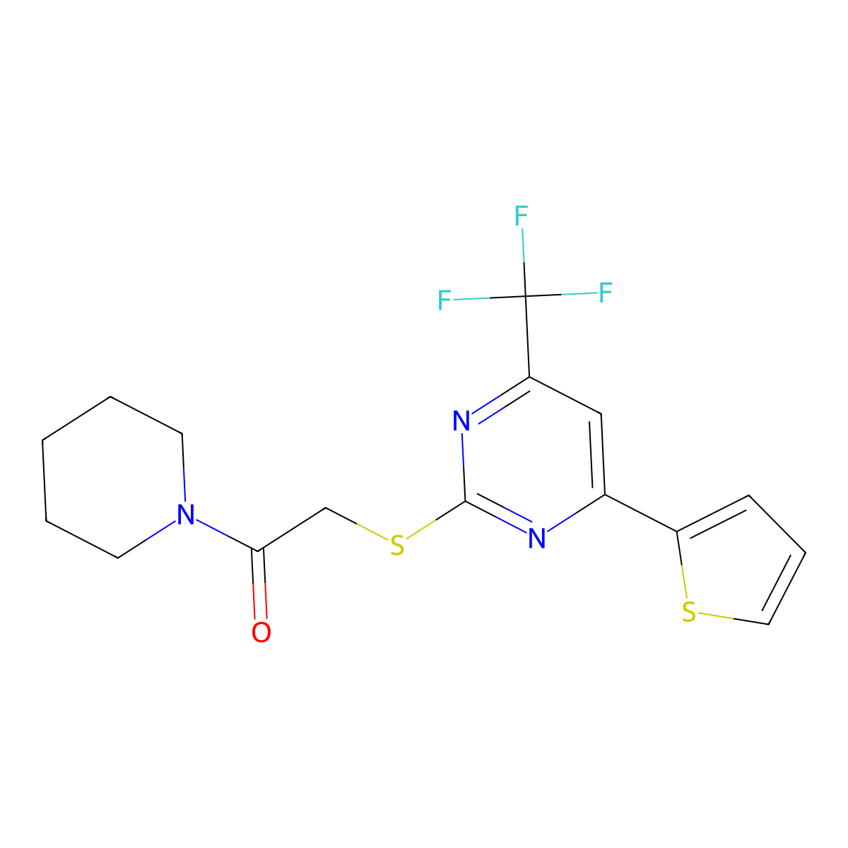 2-Oxo-2-(1-piperidinyl)ethyl 4-(2-thienyl)-6-(trifluoromethyl)-2-pyrimidinyl sulfide molecular structure, CAS 505056-70-2