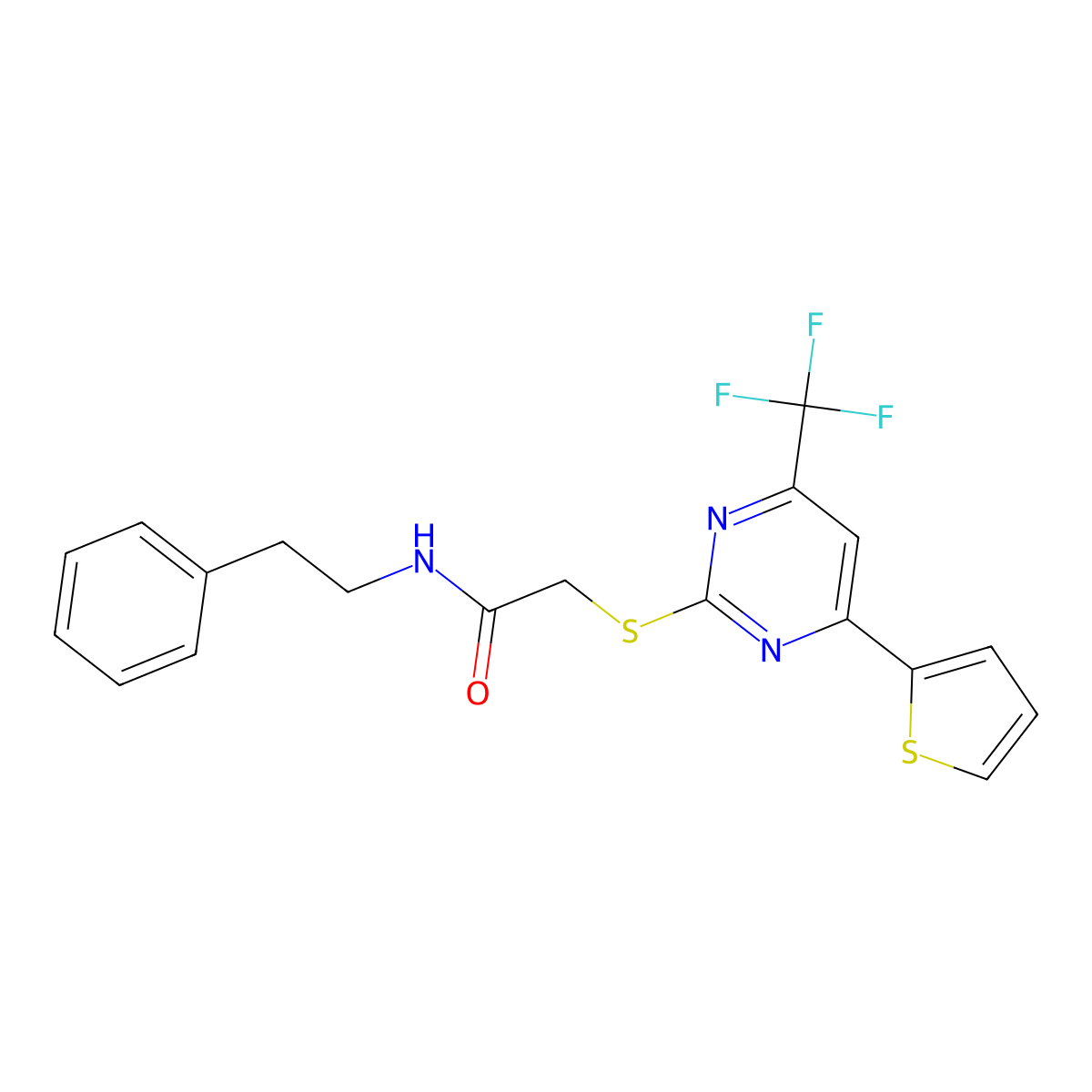 N-Phenethyl-2-((4-(thiophen-2-yl)-6-(trifluoromethyl)pyrimidin-2-yl)thio)acetamide molecular structure, CAS 505056-71-3