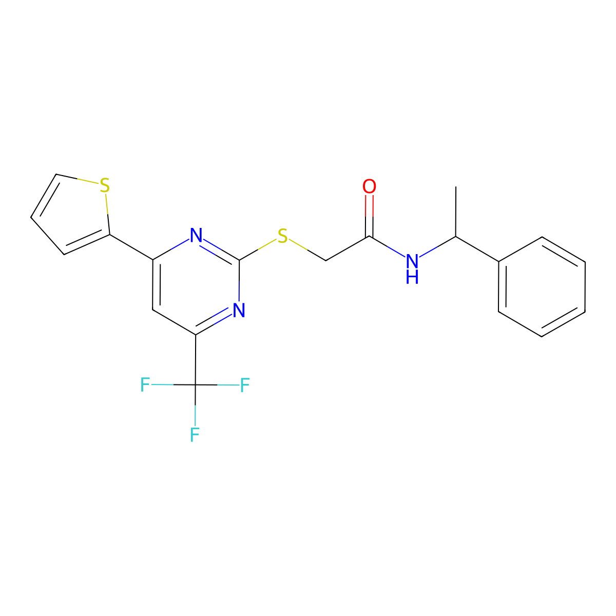 N-(1-phenylethyl)-2-{[4-(thiophen-2-yl)-6-(trifluoromethyl)pyrimidin-2-yl]sulfanyl}acetamide molecular structure, CAS 505056-89-3