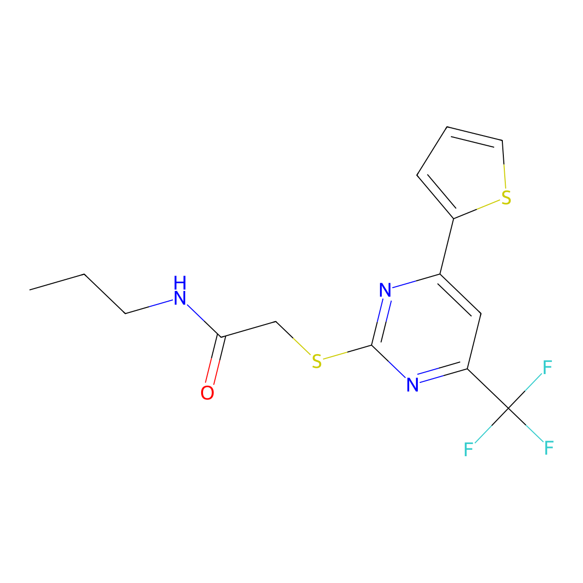 N-propyl-2-{[4-(thiophen-2-yl)-6-(trifluoromethyl)pyrimidin-2-yl]sulfanyl}acetamide molecular structure, CAS 505056-93-9