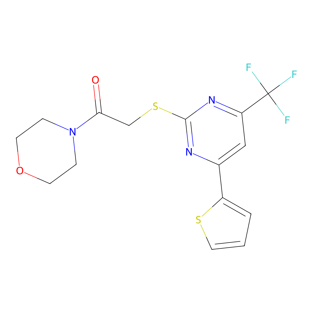 1-Morpholin-4-yl-2-[4-thiophen-2-yl-6-(trifluoromethyl)pyrimidin-2-yl]sulfanylethanone molecular structure, CAS 505056-99-5