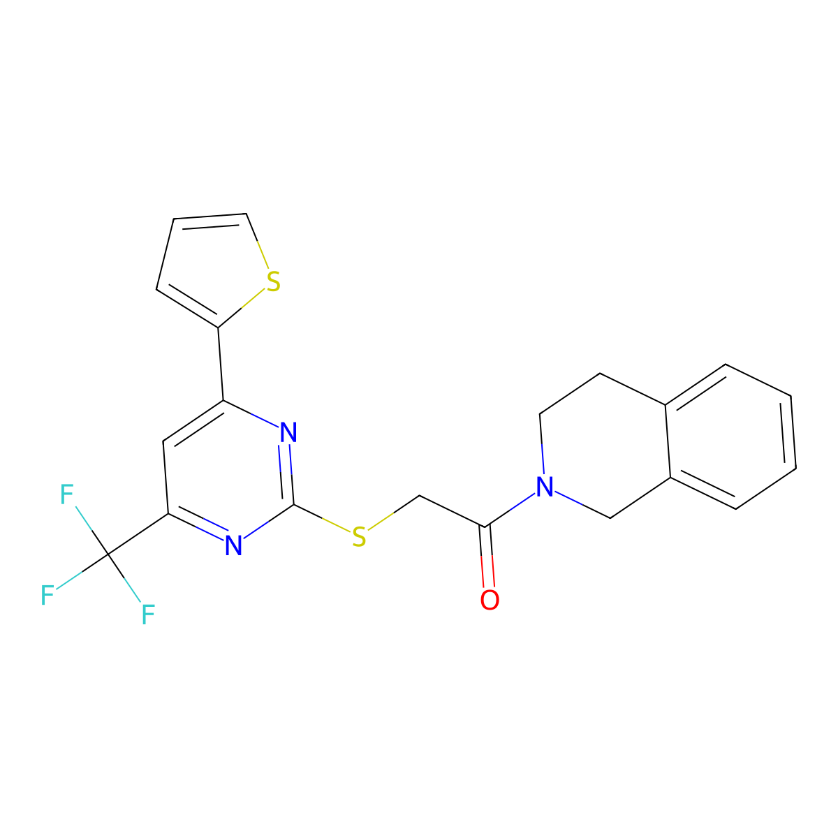 1-(3,4-dihydro-1H-isoquinolin-2-yl)-2-[4-thiophen-2-yl-6-(trifluoromethyl)pyrimidin-2-yl]sulfanylethanone molecular structure, CAS 505057-00-1