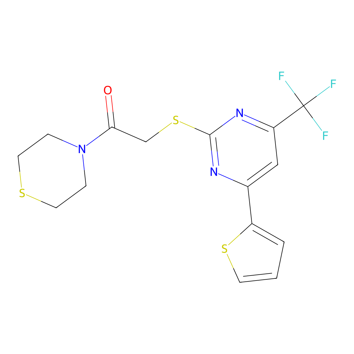 1-Thiomorpholin-4-yl-2-[4-thiophen-2-yl-6-(trifluoromethyl)pyrimidin-2-yl]sulfanylethanone molecular structure, CAS 505057-49-8