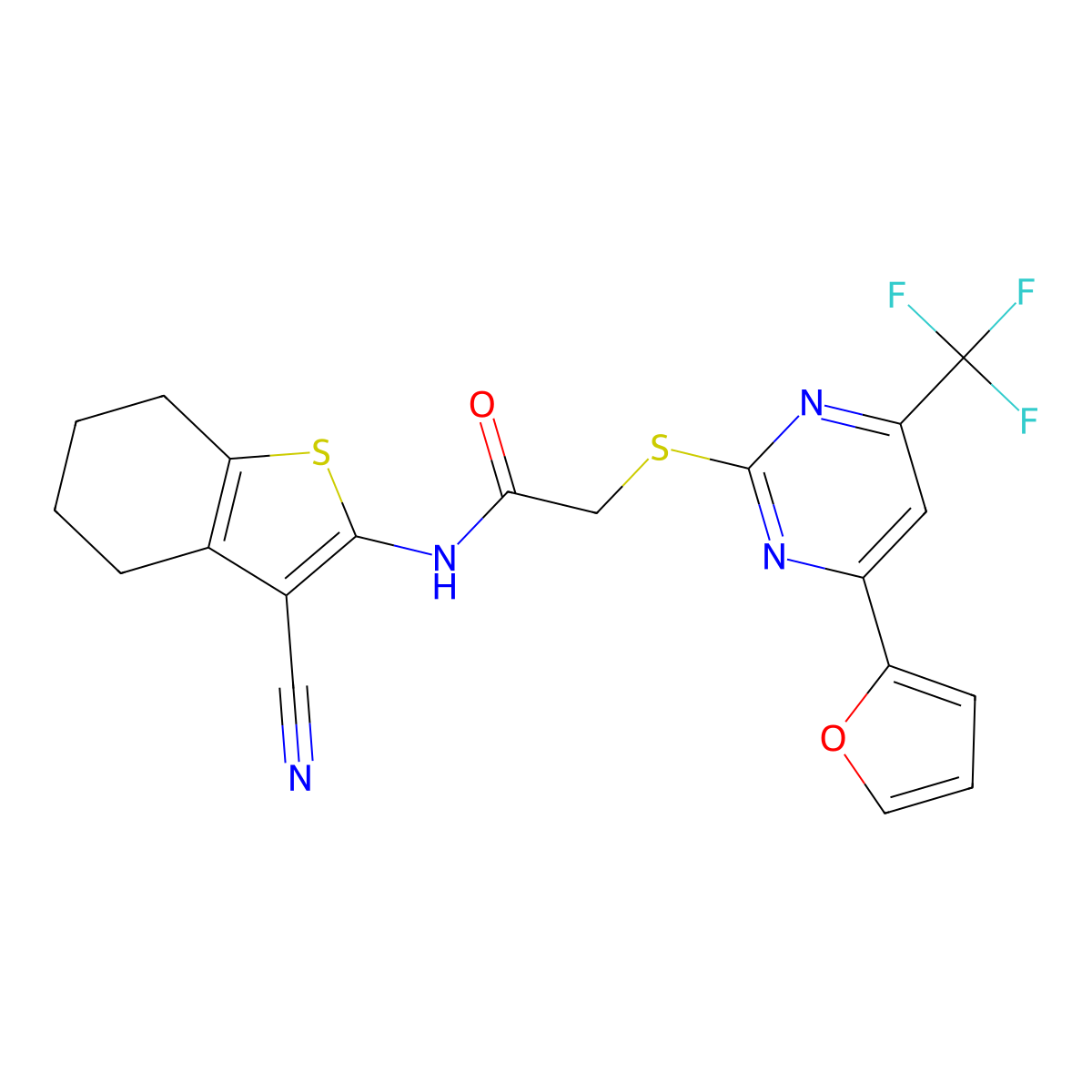 N-(3-cyano-4,5,6,7-tetrahydro-1-benzothiophen-2-yl)-2-[4-(furan-2-yl)-6-(trifluoromethyl)pyrimidin-2-yl]sulfanylacetamide molecular structure, CAS 505057-96-5