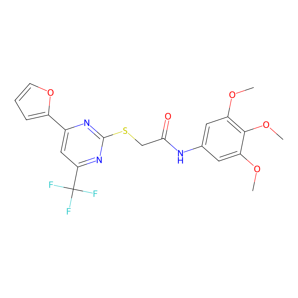 2-[4-(furan-2-yl)-6-(trifluoromethyl)pyrimidin-2-yl]sulfanyl-N-(3,4,5-trimethoxyphenyl)acetamide molecular structure, CAS 505058-02-6