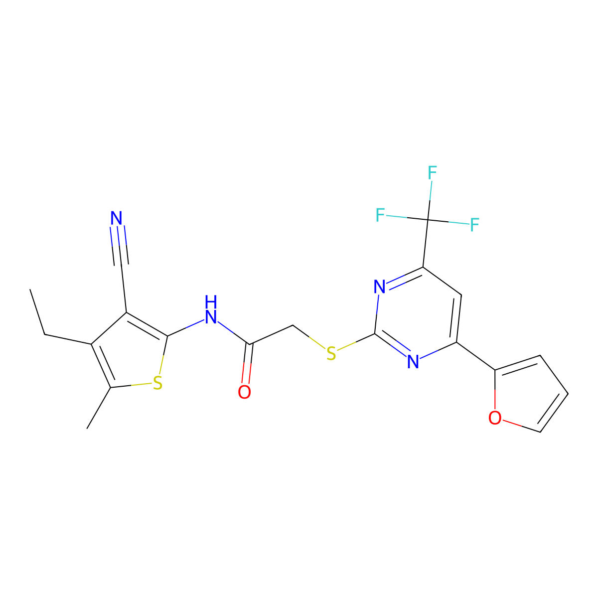 N-(3-cyano-4-ethyl-5-methylthiophen-2-yl)-2-[4-(furan-2-yl)-6-(trifluoromethyl)pyrimidin-2-yl]sulfanylacetamide molecular structure, CAS 505058-05-9