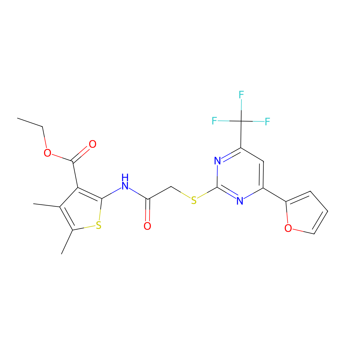 Ethyl 2-[({[4-(2-furyl)-6-(trifluoromethyl)-2-pyrimidinyl]sulfanyl}acetyl)amino]-4,5-dimethyl-3-thiophenecarboxylate molecular structure, CAS 505058-07-1