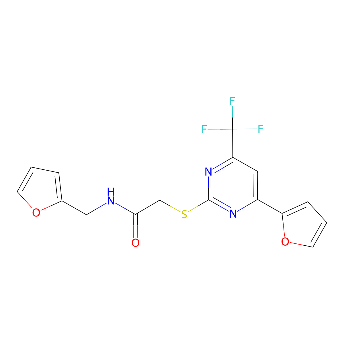 N-(furan-2-ylmethyl)-2-[4-(furan-2-yl)-6-(trifluoromethyl)pyrimidin-2-yl]sulfanylacetamide molecular structure, CAS 505058-11-7