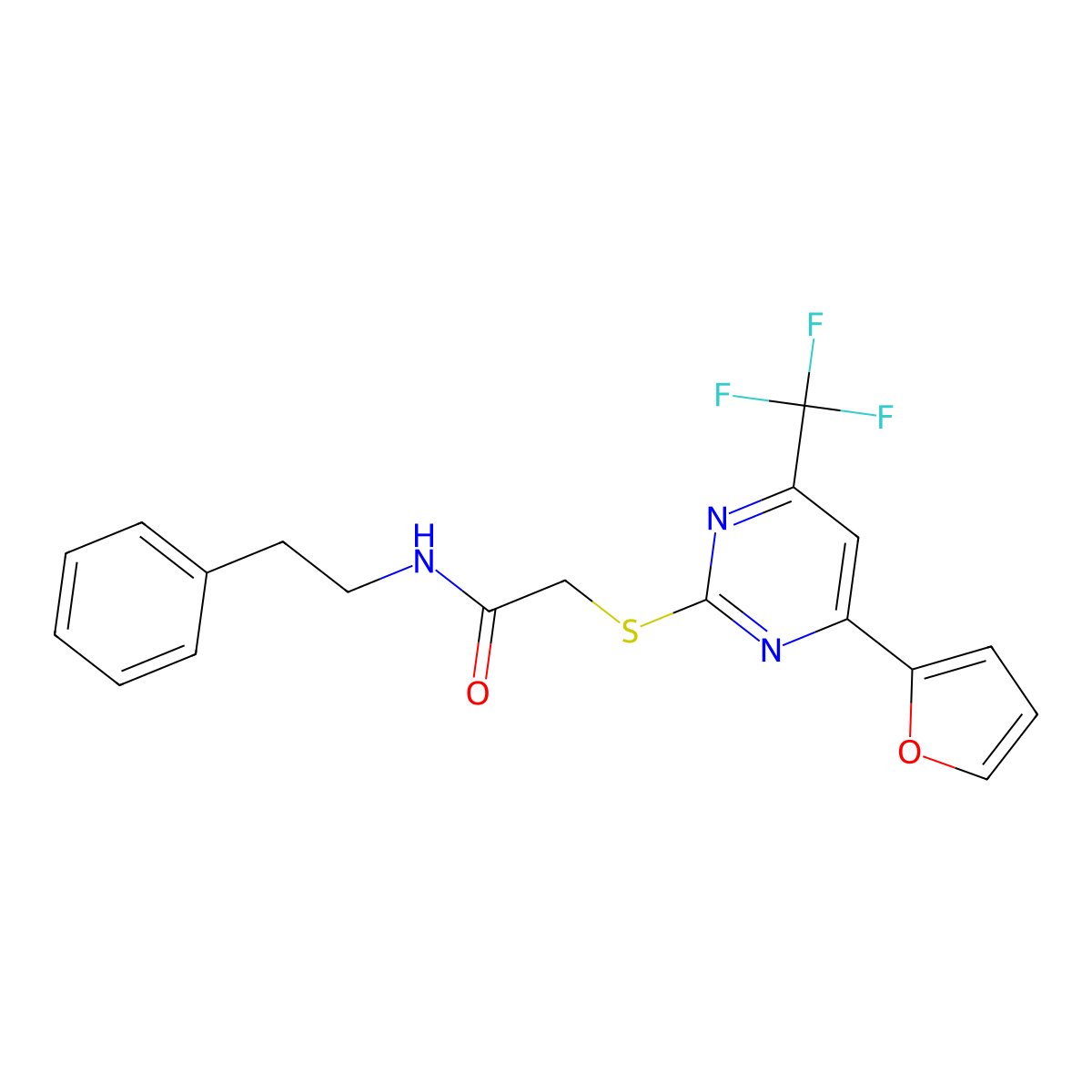 2-(4-Furan-2-yl-6-trifluoromethyl-pyrimidin-2-ylsulfanyl)-N-phenethyl-acetamide molecular structure, CAS 505058-24-2