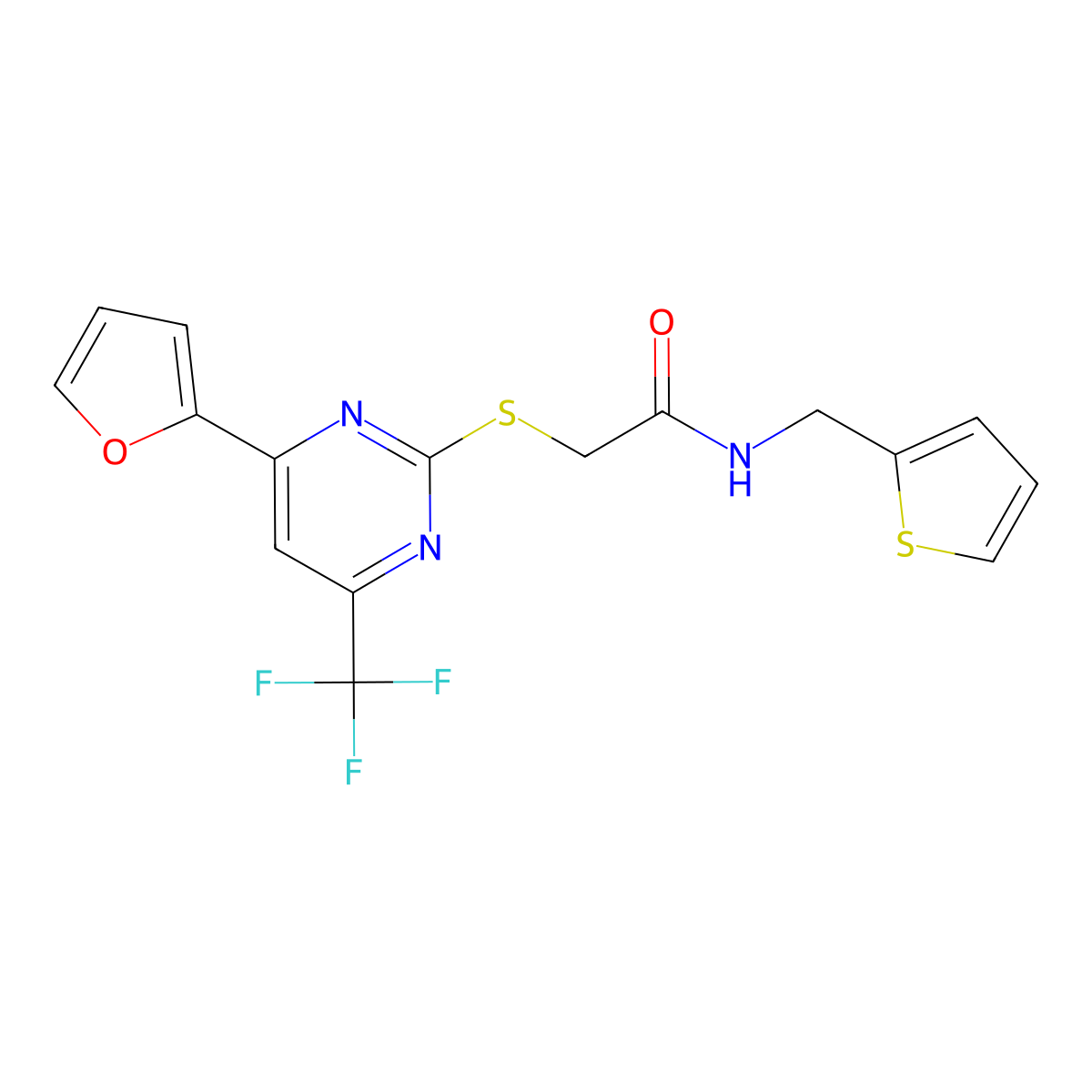 2-{[4-(2-furyl)-6-(trifluoromethyl)-2-pyrimidinyl]thio}-N-(2-thienylmethyl)acetamide molecular structure, CAS 505058-29-7