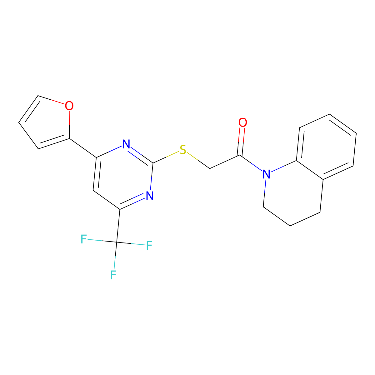 1-({[4-(2-Furyl)-6-(trifluoromethyl)-2-pyrimidinyl]thio}acetyl)-1,2,3,4-tetrahydroquinoline molecular structure, CAS 505058-30-0