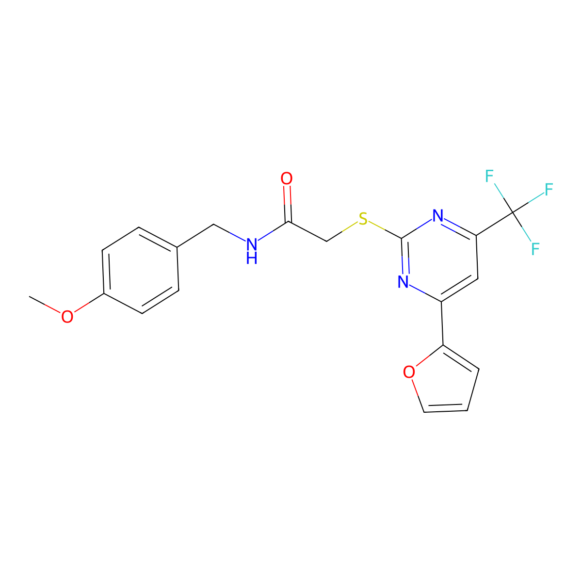 2-[4-(furan-2-yl)-6-(trifluoromethyl)pyrimidin-2-yl]sulfanyl-N-[(4-methoxyphenyl)methyl]acetamide molecular structure, CAS 505058-42-4