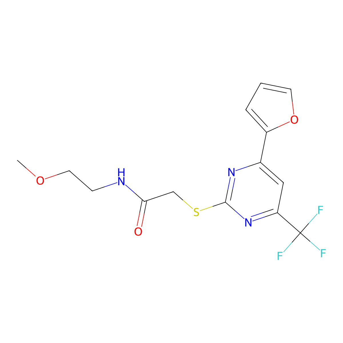 2-[4-(furan-2-yl)-6-(trifluoromethyl)pyrimidin-2-yl]sulfanyl-N-(2-methoxyethyl)acetamide molecular structure, CAS 505058-44-6