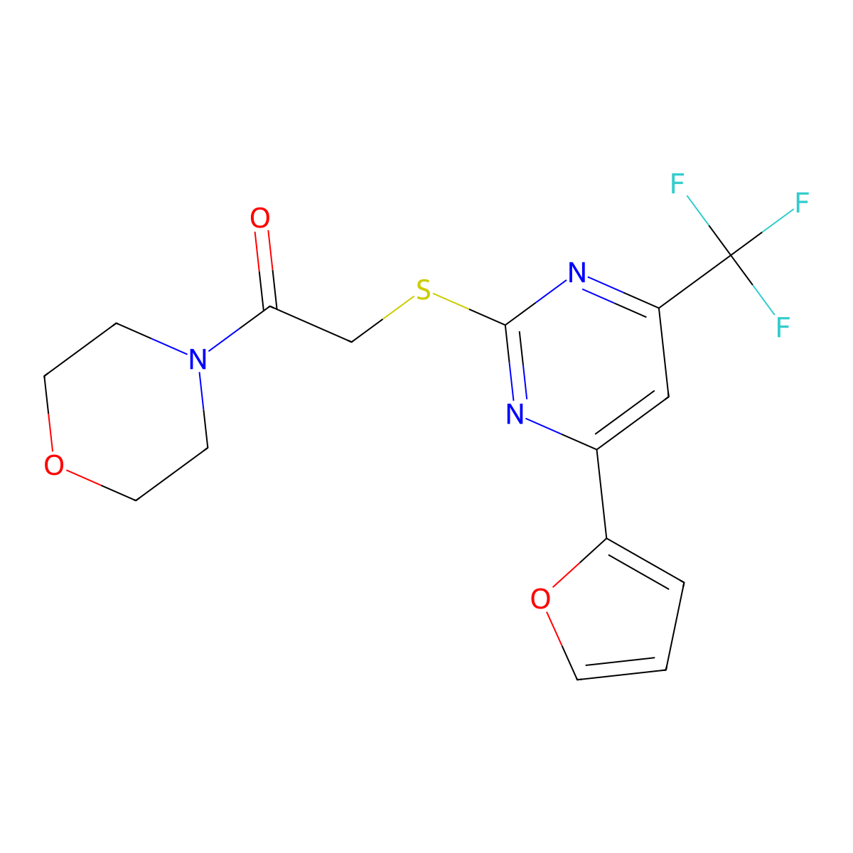 2-((4-(Furan-2-yl)-6-(trifluoromethyl)pyrimidin-2-yl)thio)-1-morpholinoethanone molecular structure, CAS 505058-51-5