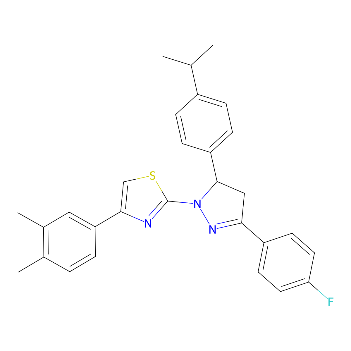 4-(3,4-Dimethylphenyl)-2-[5-(4-fluorophenyl)-3-(4-propan-2-ylphenyl)-3,4-dihydropyrazol-2-yl]-1,3-thiazole molecular structure, CAS 505063-84-3