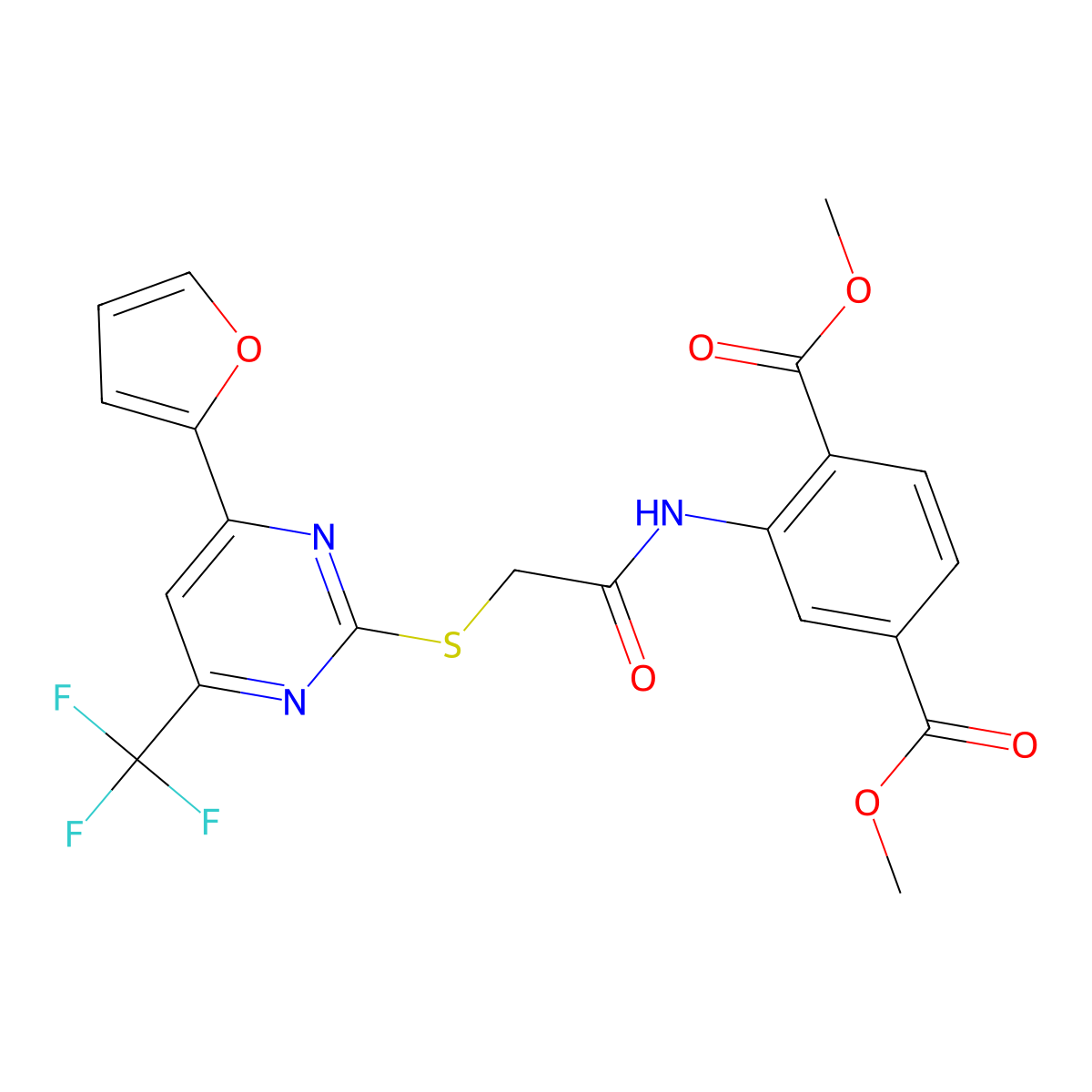 Dimethyl 2-[({[4-(2-furyl)-6-(trifluoromethyl)-2-pyrimidinyl]thio}acetyl)amino]terephthalate molecular structure, CAS 505063-94-5