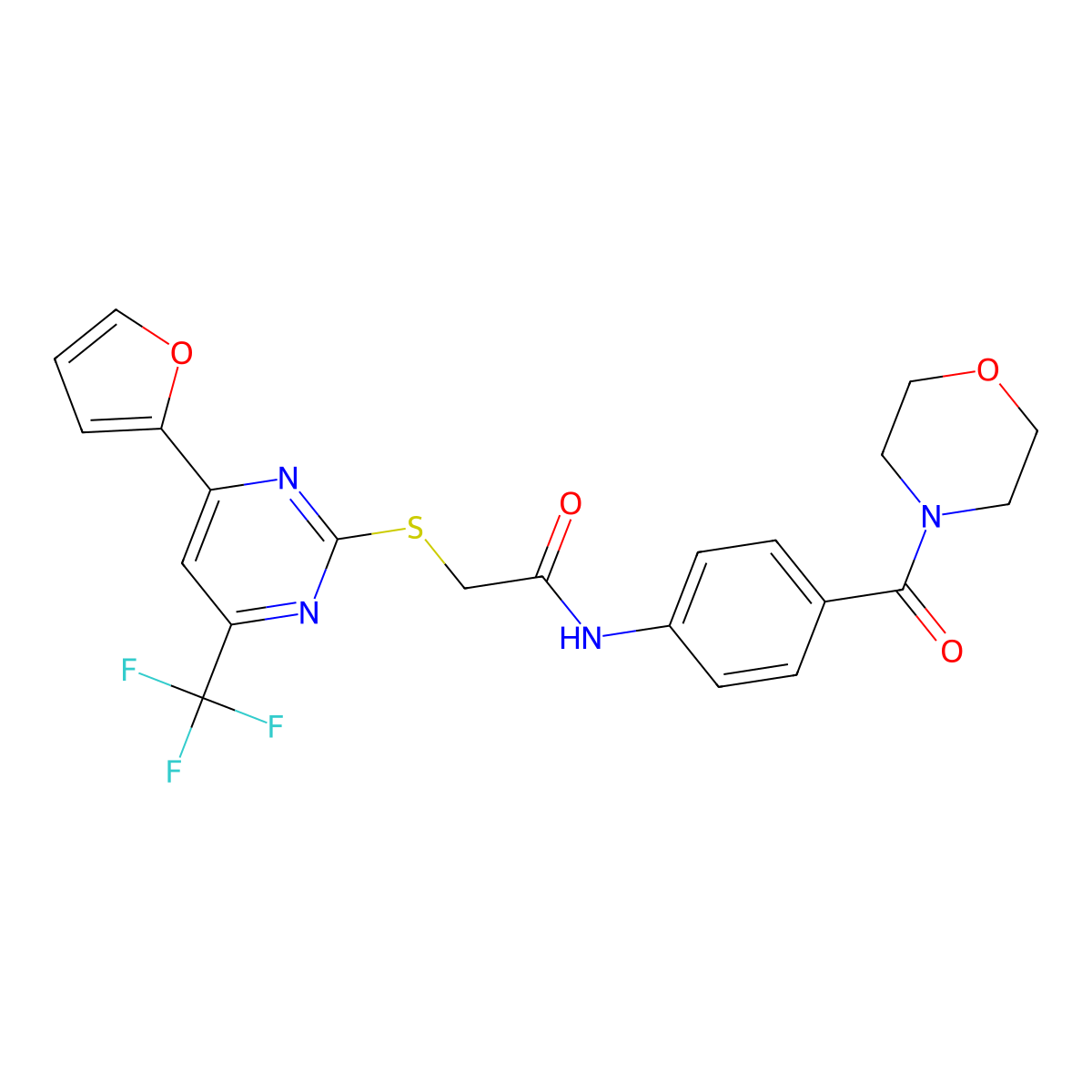 2-[4-(furan-2-yl)-6-(trifluoromethyl)pyrimidin-2-yl]sulfanyl-N-[4-(morpholine-4-carbonyl)phenyl]acetamide molecular structure, CAS 505063-95-6