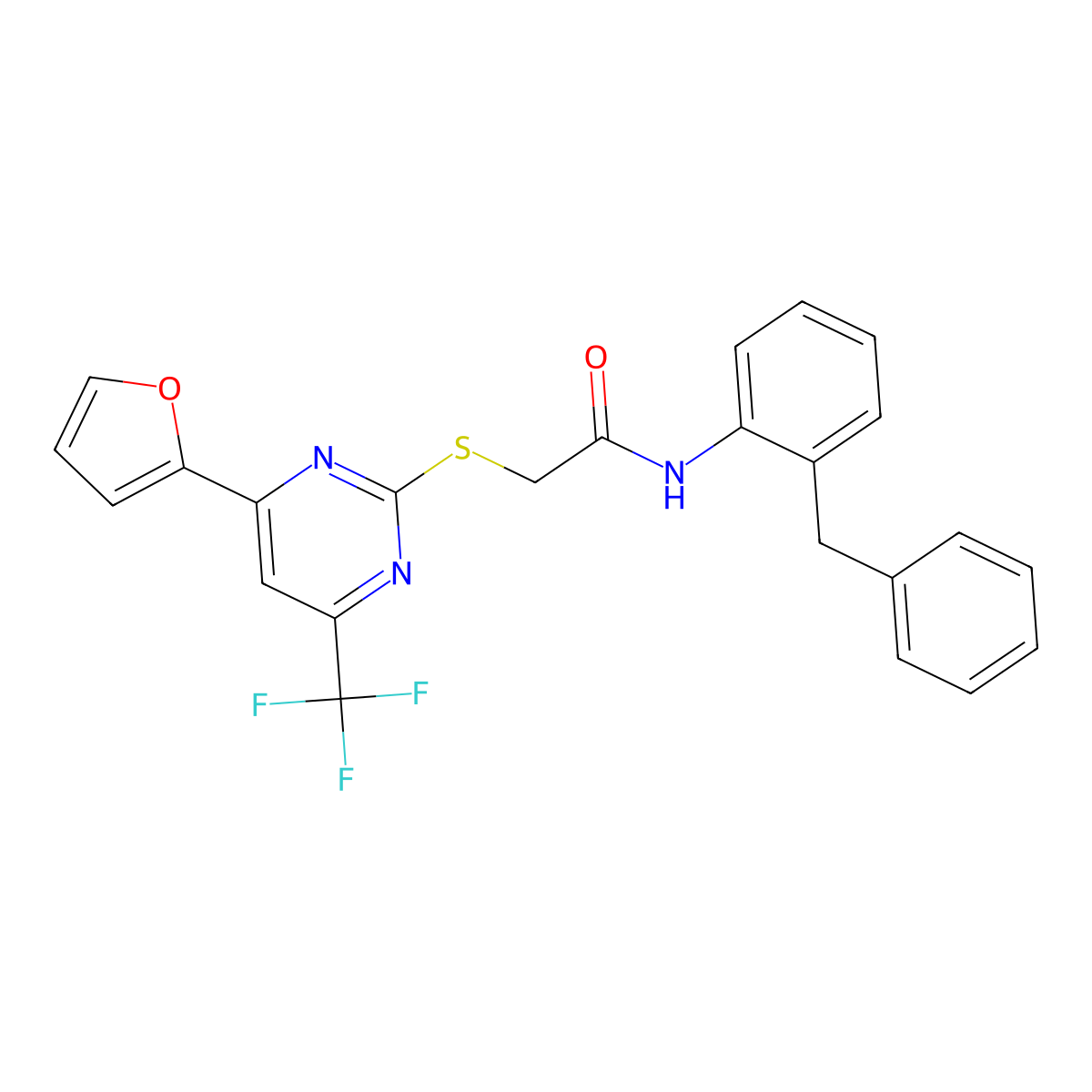 N-(2-benzylphenyl)-2-[4-(furan-2-yl)-6-(trifluoromethyl)pyrimidin-2-yl]sulfanylacetamide molecular structure, CAS 505064-03-9