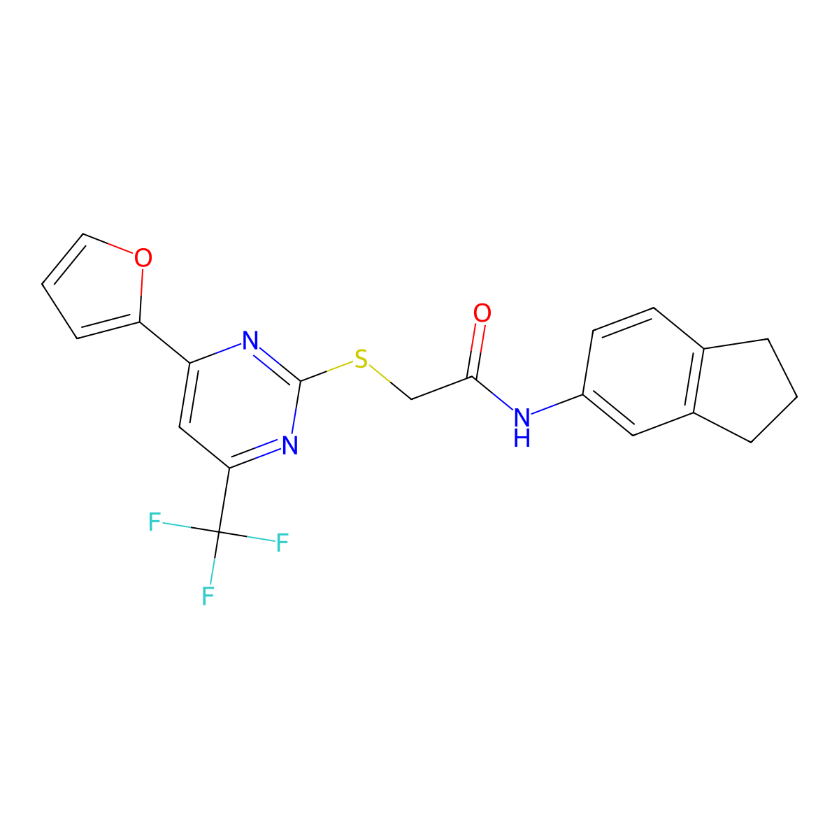 N-(2,3-dihydro-1H-inden-5-yl)-2-[4-(furan-2-yl)-6-(trifluoromethyl)pyrimidin-2-yl]sulfanylacetamide molecular structure, CAS 505064-10-8