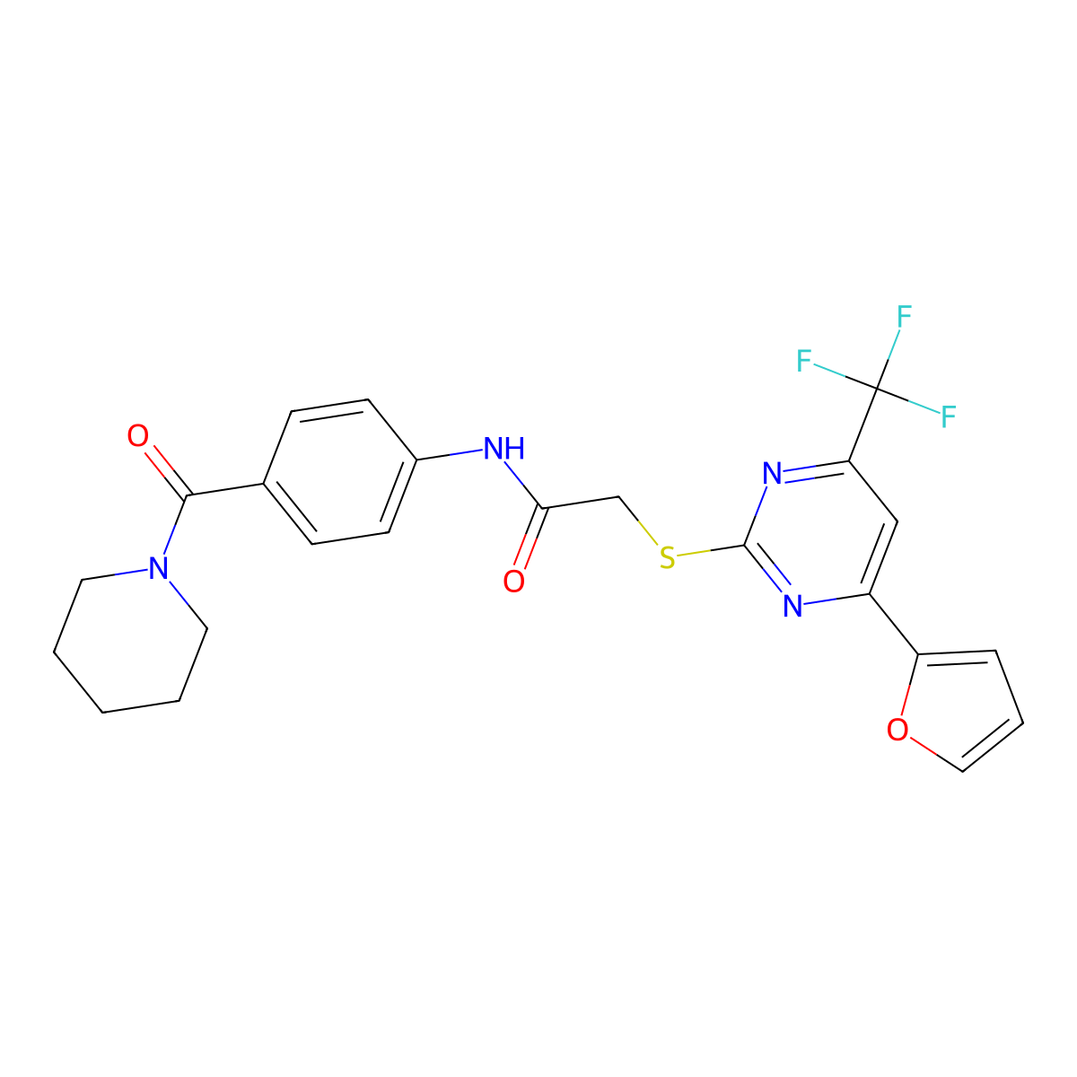 2-[4-(furan-2-yl)-6-(trifluoromethyl)pyrimidin-2-yl]sulfanyl-N-[4-(piperidine-1-carbonyl)phenyl]acetamide molecular structure, CAS 505064-14-2