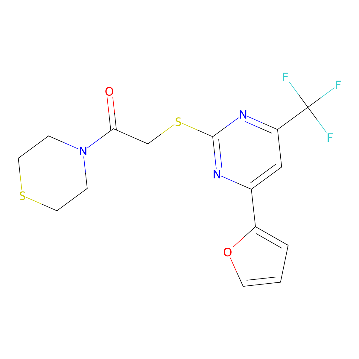 4-(2-Furyl)-6-(trifluoromethyl)-2-pyrimidinyl 2-oxo-2-(4-thiomorpholinyl)ethyl sulfide molecular structure, CAS 505064-42-6