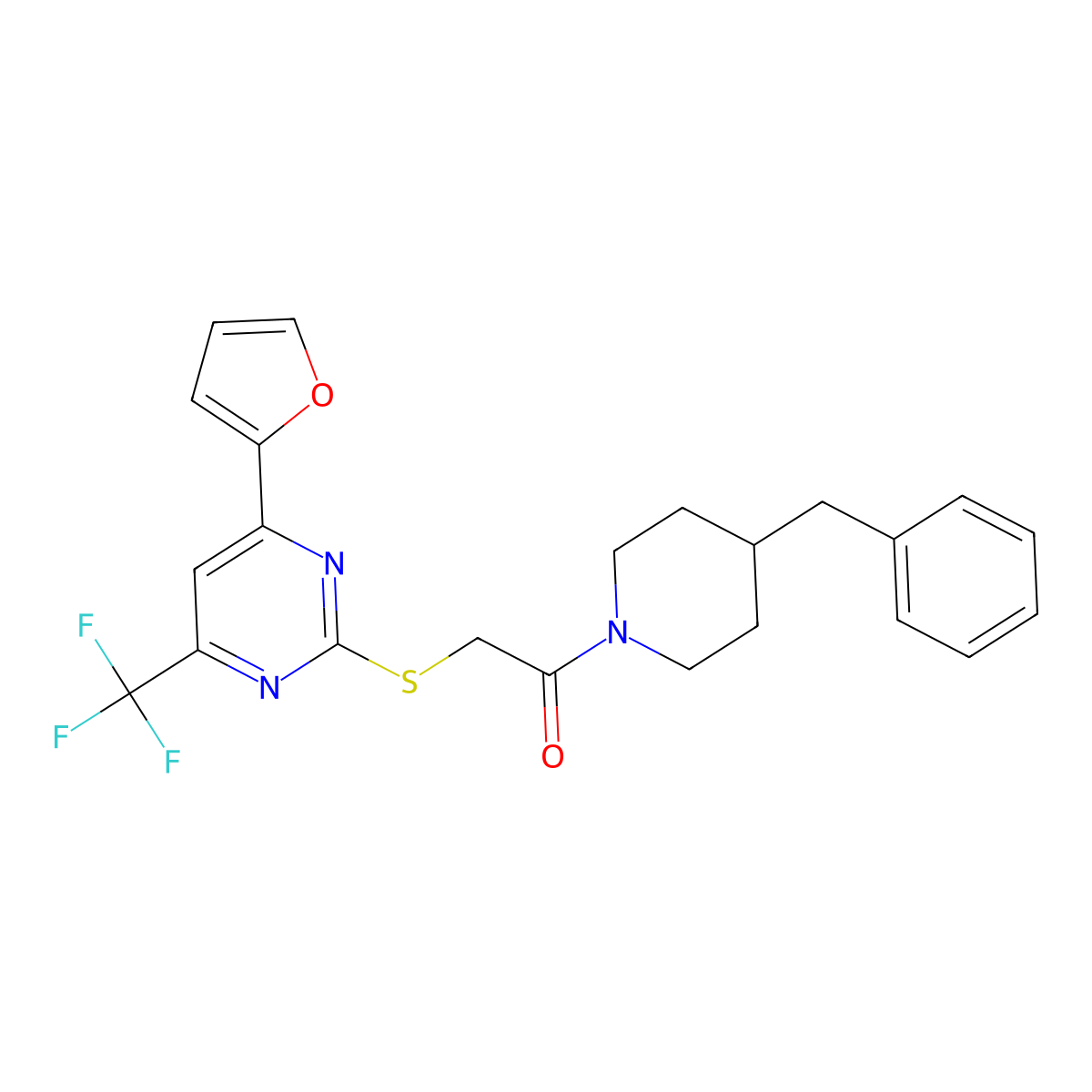 1-(4-Benzylpiperidin-1-yl)-2-[4-(furan-2-yl)-6-(trifluoromethyl)pyrimidin-2-yl]sulfanylethanone molecular structure, CAS 505064-49-3