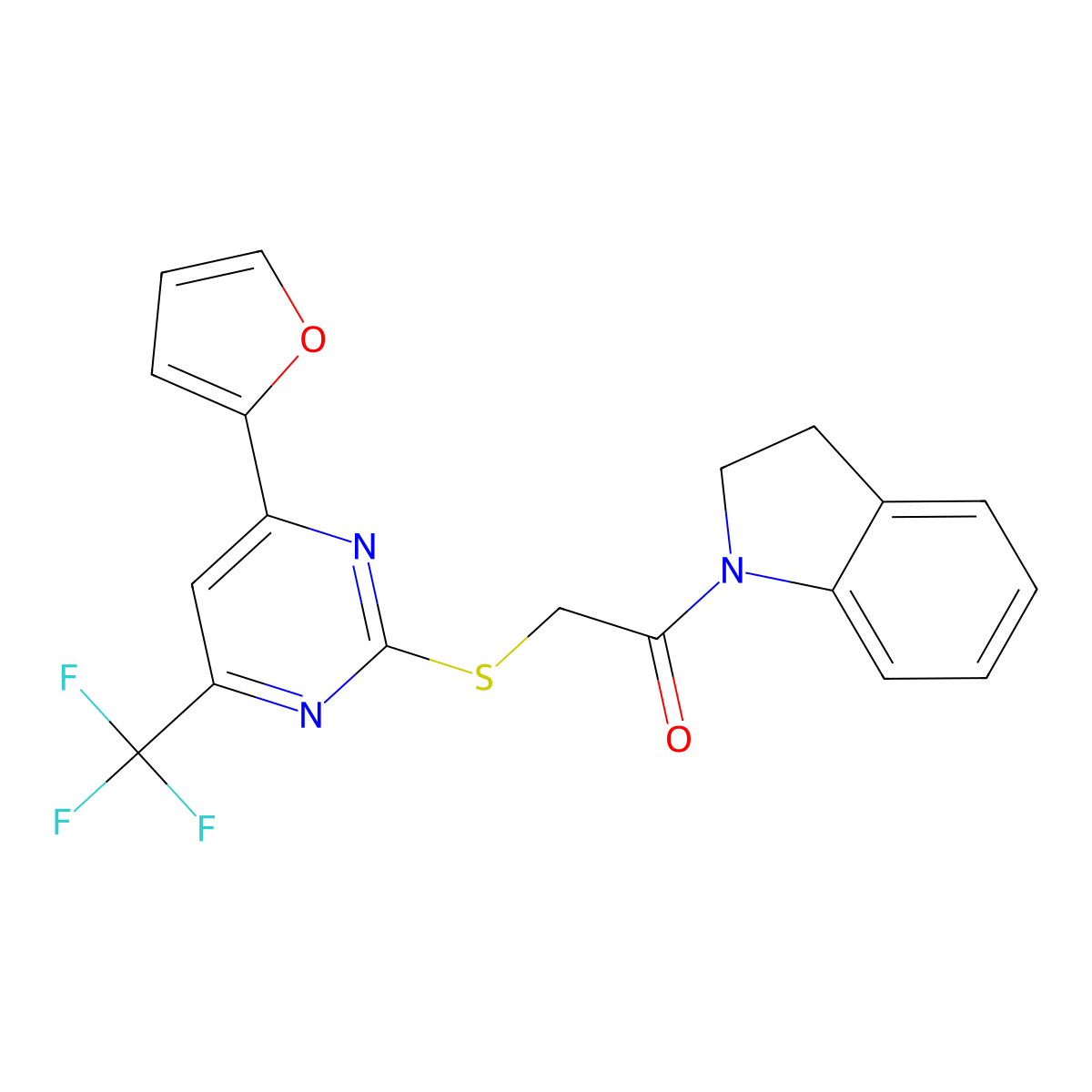 1-(2,3-Dihydroindol-1-yl)-2-[4-(furan-2-yl)-6-(trifluoromethyl)pyrimidin-2-yl]sulfanylethanone molecular structure, CAS 505064-54-0