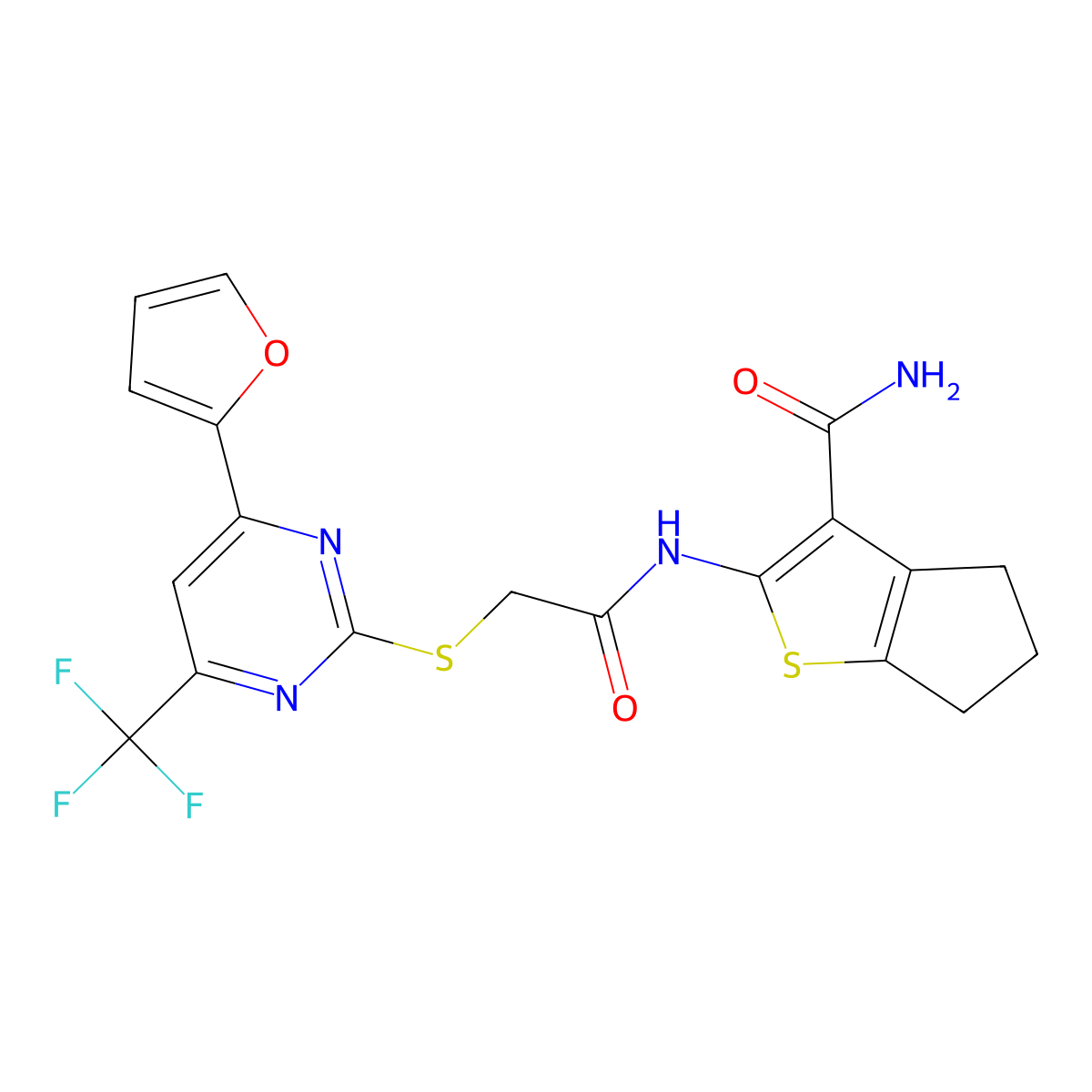 2-[[2-[4-(furan-2-yl)-6-(trifluoromethyl)pyrimidin-2-yl]sulfanylacetyl]amino]-5,6-dihydro-4H-cyclopenta[b]thiophene-3-carboxamide molecular structure, CAS 505064-75-5