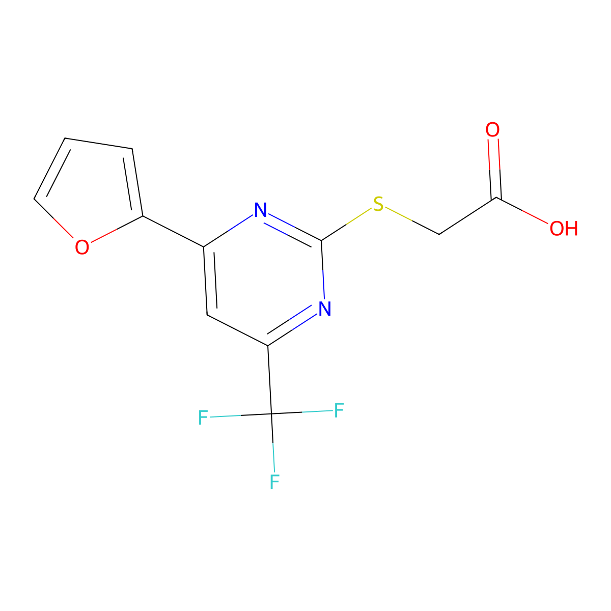 2-((4-(Furan-2-yl)-6-(trifluoromethyl)pyrimidin-2-yl)thio)acetic acid molecular structure, CAS 505064-81-3