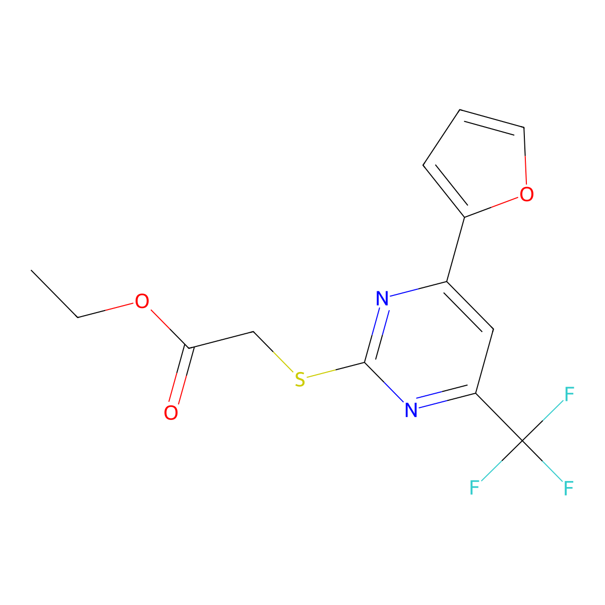 Ethyl 2-[4-(2-furyl)-6-(trifluoromethyl)pyrimidin-2-ylthio]acetate molecular structure, CAS 505064-82-4