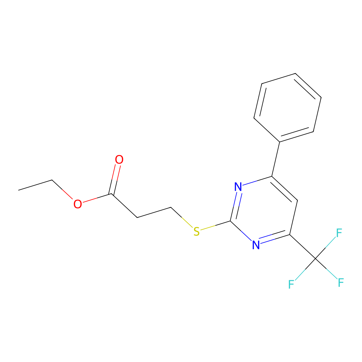 Ethyl 3-{[4-phenyl-6-(trifluoromethyl)pyrimidin-2-yl]thio}propanoate molecular structure, CAS 505064-91-5