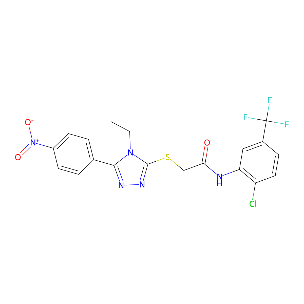 Acetamide, N-[2-chloro-5-(trifluoromethyl)phenyl]-2-[[4-ethyl-5-(4-nitrophenyl)-4H-1,2,4-triazol-3-yl]thio]- molecular structure, CAS 505070-90-6