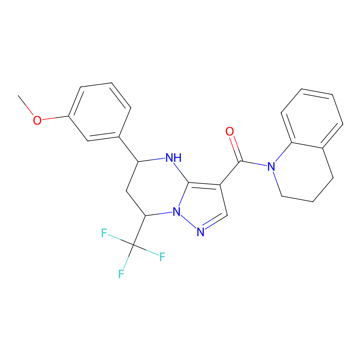 3,4-dihydroquinolin-1(2H)-yl[5-(3-methoxyphenyl)-7-(trifluoromethyl)-4,5,6,7-tetrahydropyrazolo[1,5-a]pyrimidin-3-yl]methanone molecular structure, CAS 505071-70-5