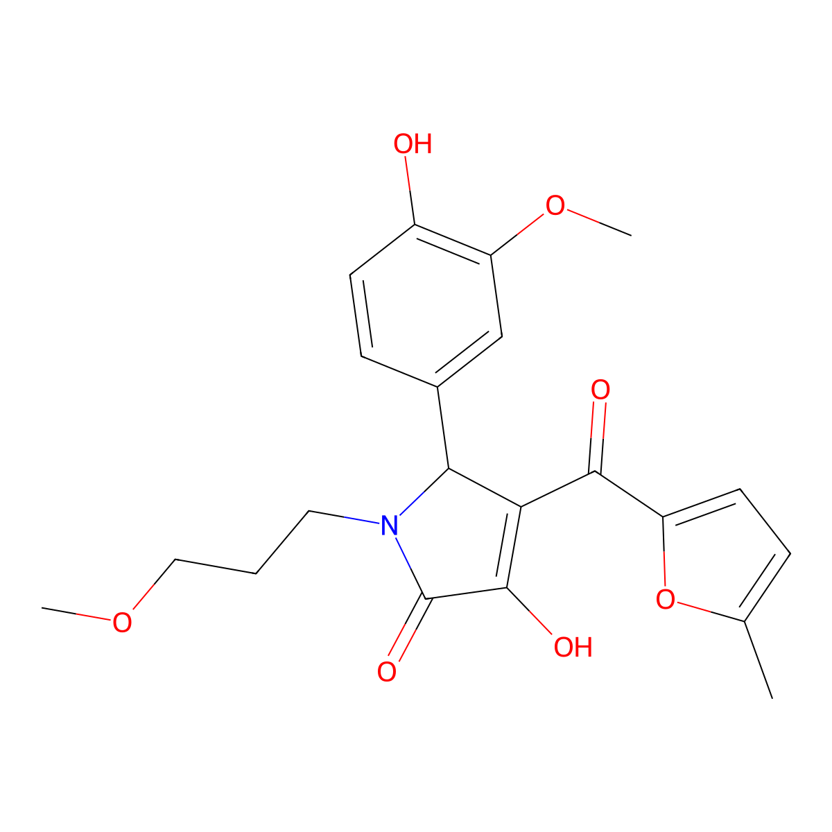 (4E)-5-(4-hydroxy-3-methoxyphenyl)-4-[hydroxy(5-methylfuran-2-yl)methylidene]-1-(3-methoxypropyl)pyrrolidine-2,3-dione molecular structure, CAS 505079-61-8