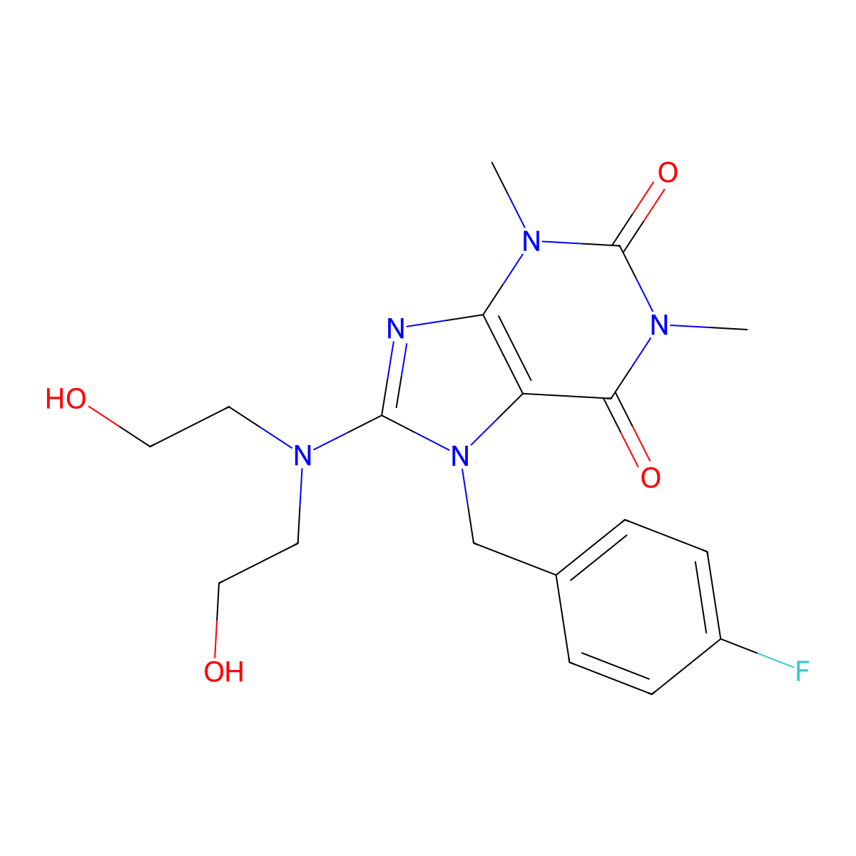 8-(bis(2-hydroxyethyl)amino)-7-(4-fluorobenzyl)-1,3-dimethyl-1H-purine-2,6(3H,7H)-dione molecular structure, CAS 505080-57-9