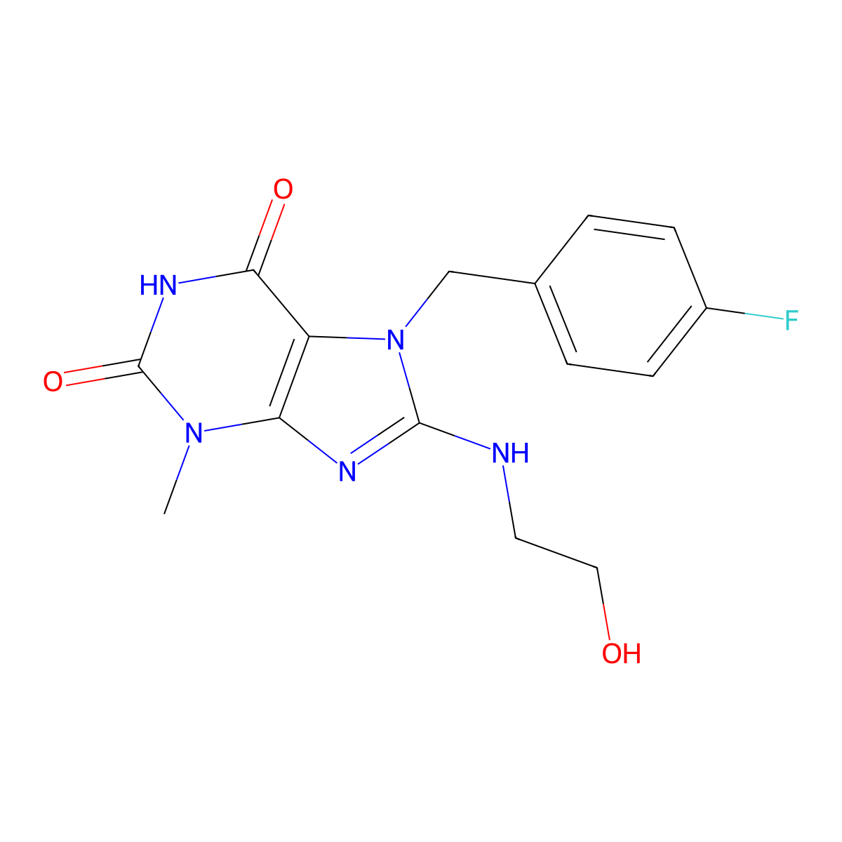 7-[(4-Fluorophenyl)methyl]-8-(2-hydroxyethylamino)-3-methylpurine-2,6-dione molecular structure, CAS 505080-62-6