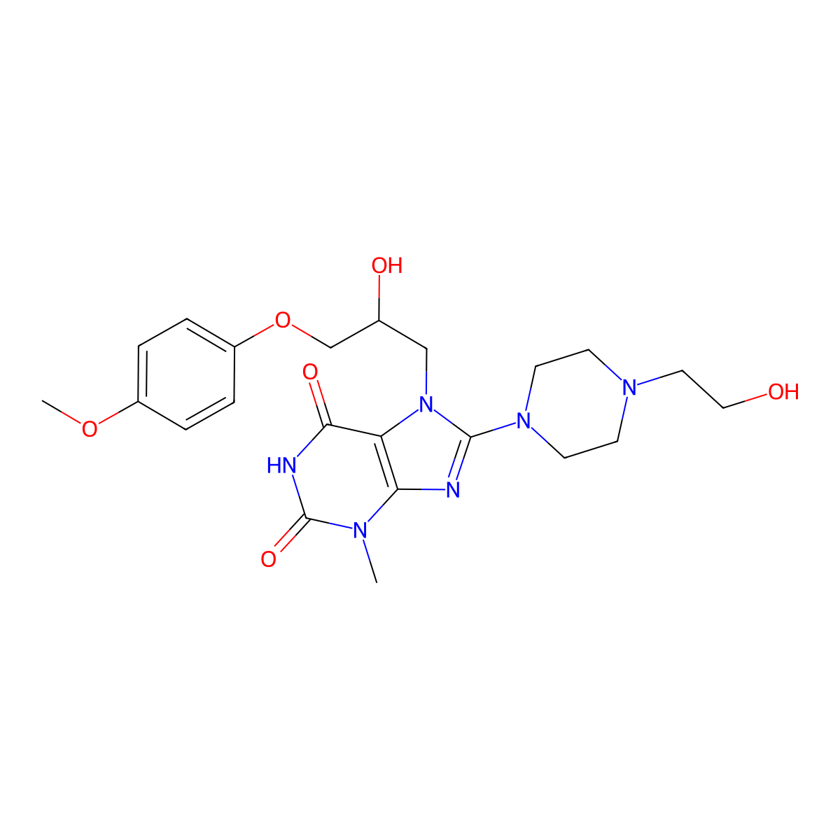 7-(2-hydroxy-3-(4-methoxyphenoxy)propyl)-8-(4-(2-hydroxyethyl)piperazin-1-yl)-3-methyl-1H-purine-2,6(3H,7H)-dione molecular structure, CAS 505080-65-9