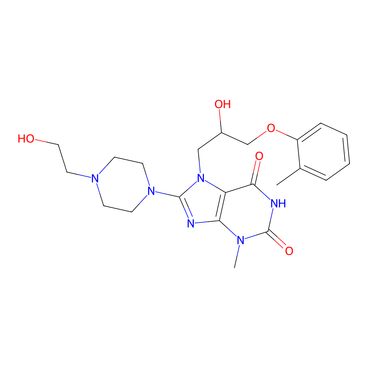 8-[4-(2-Hydroxyethyl)piperazin-1-yl]-7-[2-hydroxy-3-(2-methylphenoxy)propyl]-3-methylpurine-2,6-dione molecular structure, CAS 505080-66-0